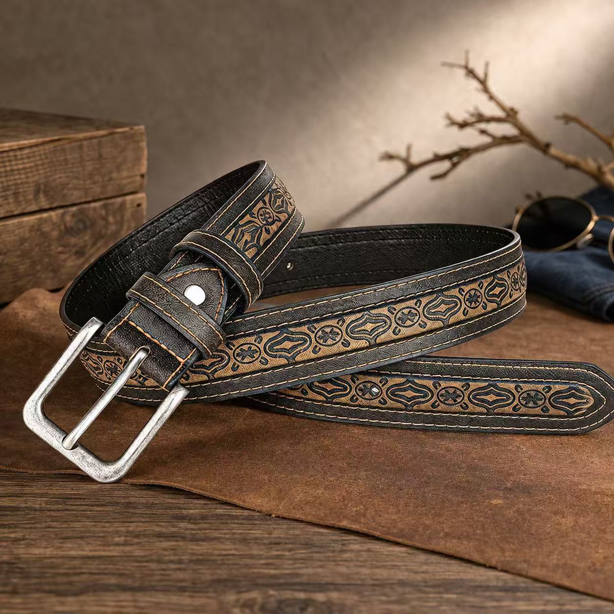 Retro Totem Belt With Zinc Alloy Pin Buckle Featuring Embossing Finish, Unisex Style