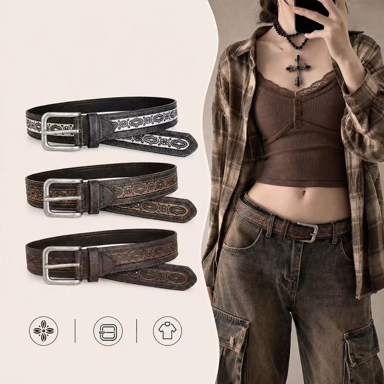 Retro Totem Belt With Zinc Alloy Pin Buckle Featuring Embossing Finish, Unisex Style