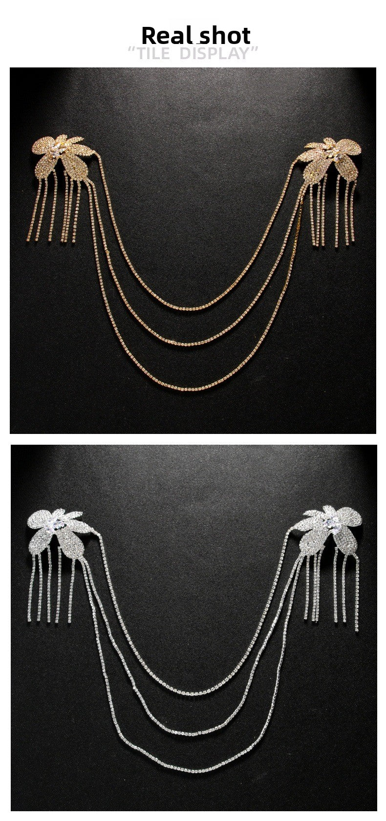 Gold Tassel Body Chain For Women With Rhinestones Featuring Elegant Flower Pattern