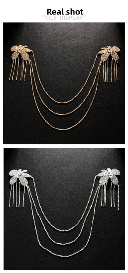 Gold Tassel Body Chain For Women With Rhinestones Featuring Elegant Flower Pattern