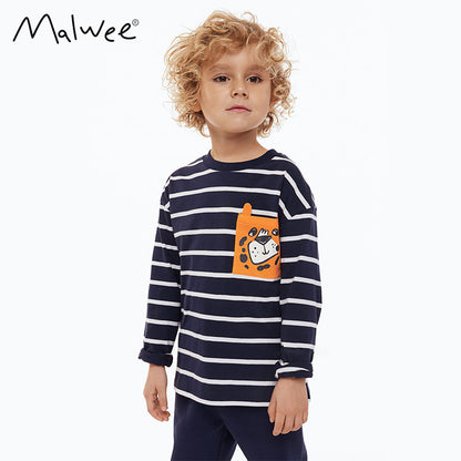 Boy's Stripe Cotton T-Shirt With Round Neck And Long Sleeves, Toddler Autumn Children's Tee