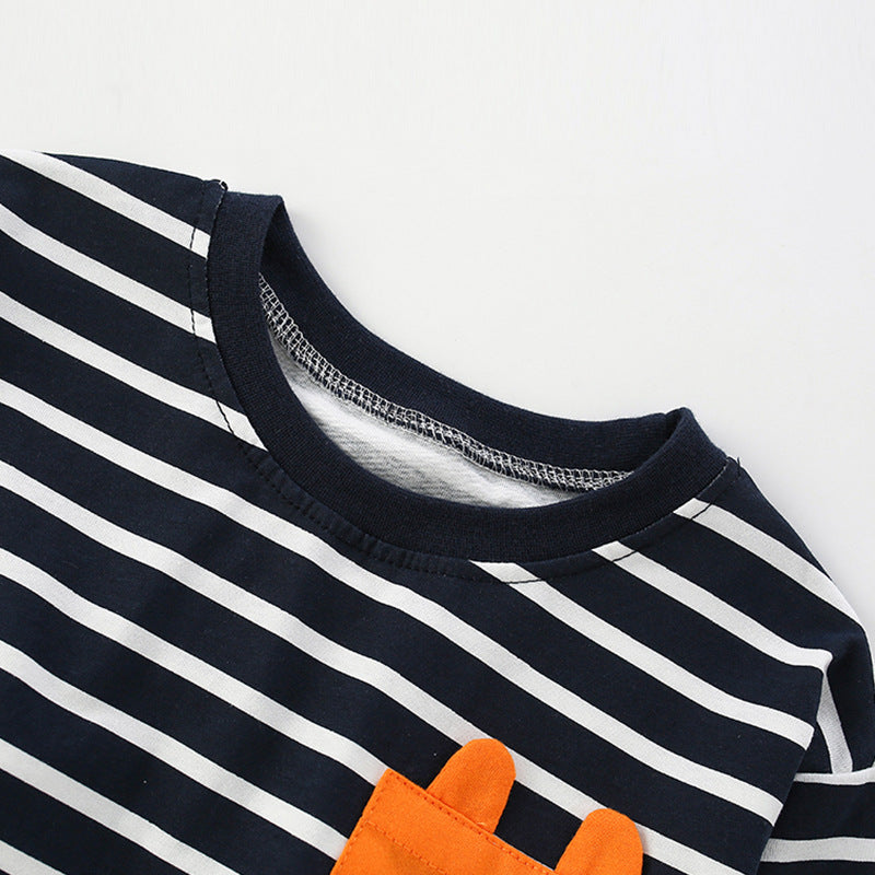 Boy's Stripe Cotton T-Shirt With Round Neck And Long Sleeves, Toddler Autumn Children's Tee