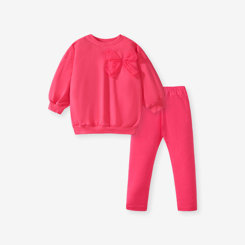 Girls' Solid Color Sport Sweatshirt & Hoodie Co-ord Set In Cotton With Long Sleeve, 2 Pieces Set For Kids