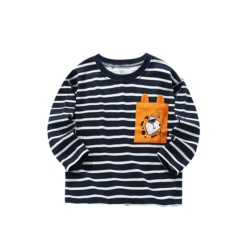 Boy's Stripe Cotton T-Shirt With Round Neck And Long Sleeves, Toddler Autumn Children's Tee