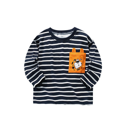 Boy's Stripe Cotton T-Shirt With Round Neck And Long Sleeves, Toddler Autumn Children's Tee