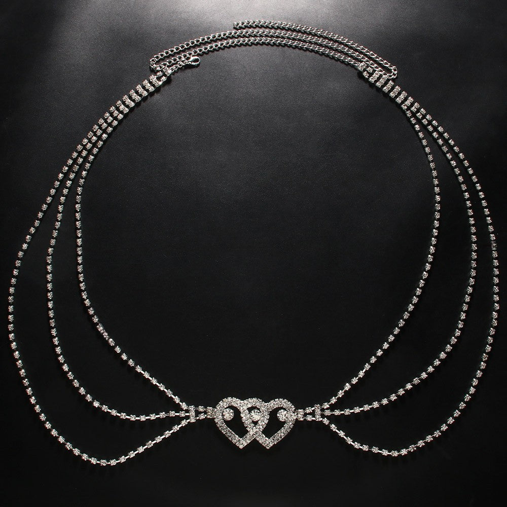 Heart Shape Alloy Waist Chain With Artificial Gemstones, Electroplated Finish, Silver For Women