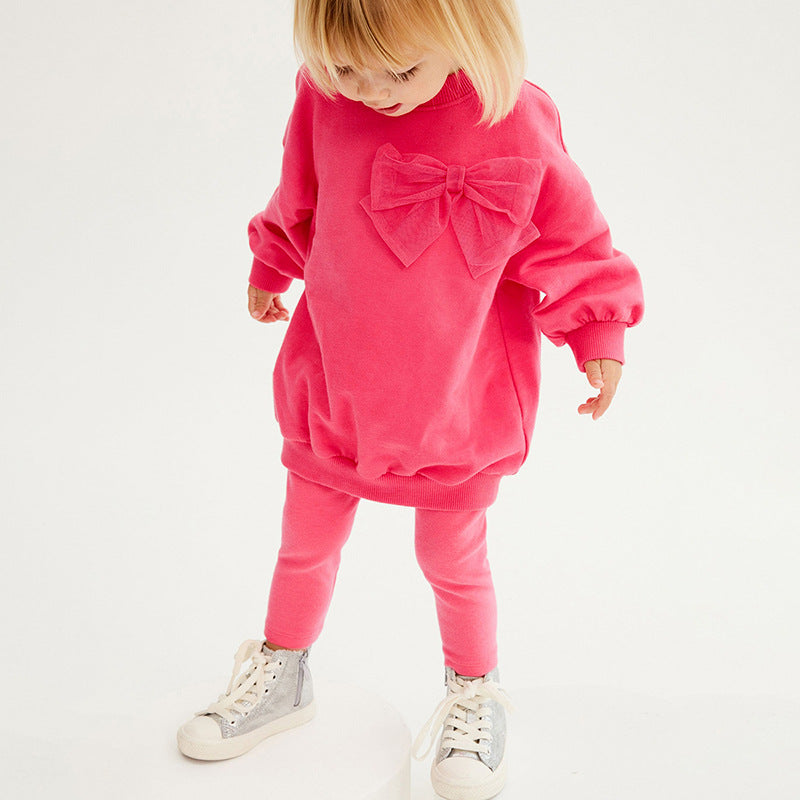 Girls' Solid Color Sport Sweatshirt & Hoodie Co-ord Set In Cotton With Long Sleeve, 2 Pieces Set For Kids