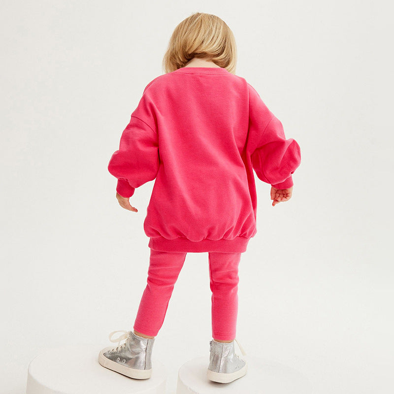 Girls' Solid Color Sport Sweatshirt & Hoodie Co-ord Set In Cotton With Long Sleeve, 2 Pieces Set For Kids
