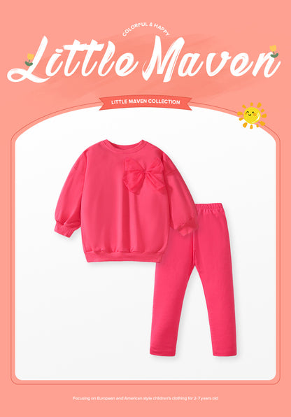 Girls' Solid Color Sport Sweatshirt & Hoodie Co-ord Set In Cotton With Long Sleeve, 2 Pieces Set For Kids