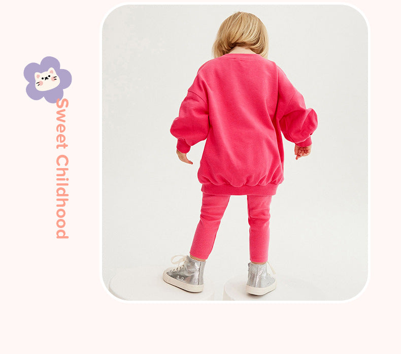 Girls' Solid Color Sport Sweatshirt & Hoodie Co-ord Set In Cotton With Long Sleeve, 2 Pieces Set For Kids