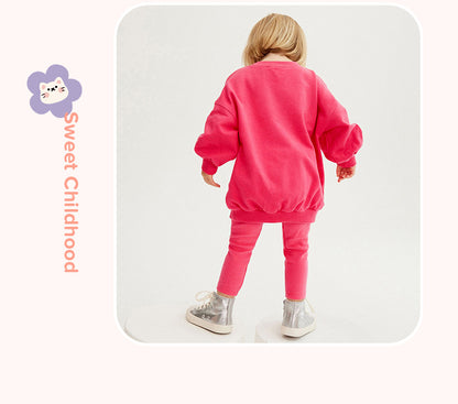 Girls' Solid Color Sport Sweatshirt & Hoodie Co-ord Set In Cotton With Long Sleeve, 2 Pieces Set For Kids