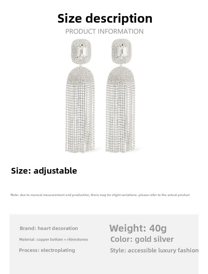 Exaggerated Silver Tassel Earrings For Women With Rhinestone Inlay, Crafted From Alloy