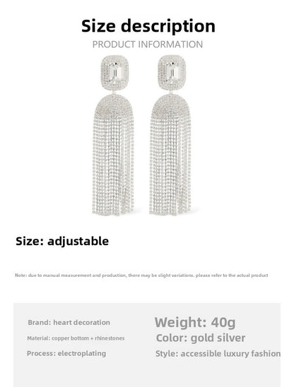 Exaggerated Silver Tassel Earrings For Women With Rhinestone Inlay, Crafted From Alloy