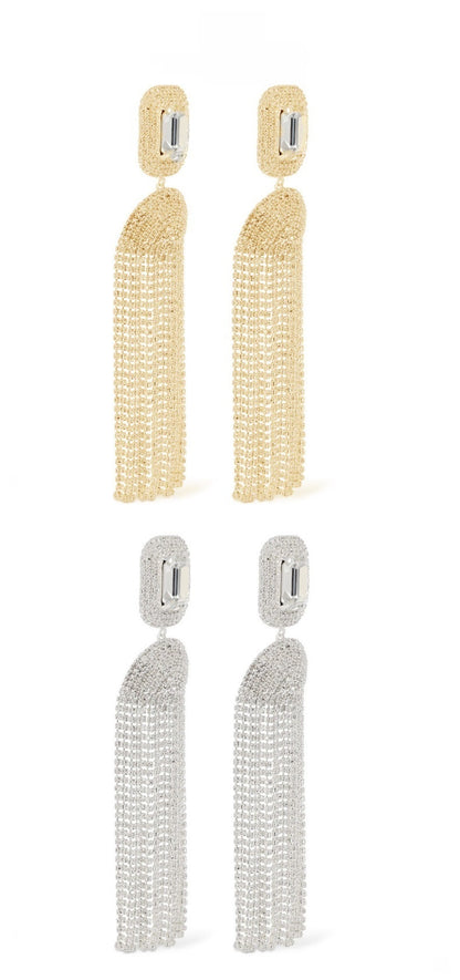 Exaggerated Silver Tassel Earrings For Women With Rhinestone Inlay, Crafted From Alloy