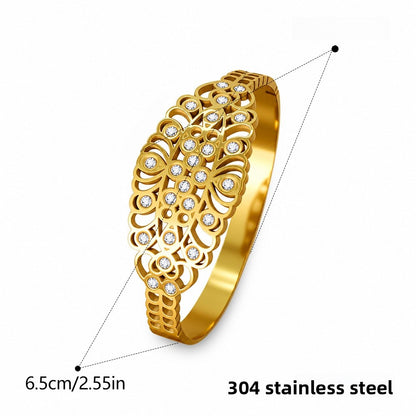 Simple Style Flowers Waterproof Non Tarnish Titanium Steel Bangle For Women With Electroplated Gold Plating And Zircon Inlay