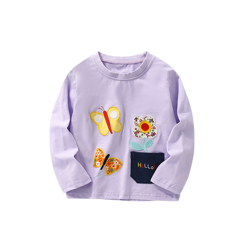 Casual Animal Pattern Girl's Cotton T-shirt With Round Neck And Long Sleeves For Toddlers 3-6 Years