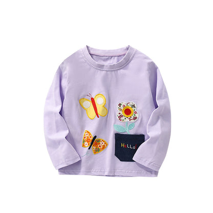 Casual Animal Pattern Girl's Cotton T-shirt With Round Neck And Long Sleeves For Toddlers 3-6 Years