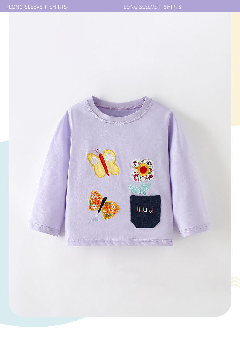 Casual Animal Pattern Girl's Cotton T-shirt With Round Neck And Long Sleeves For Toddlers 3-6 Years