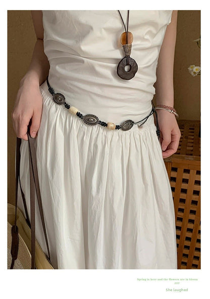 Ethnic Style Women’s Waist Chain Belt With Beading And Braid Finish In Beige
