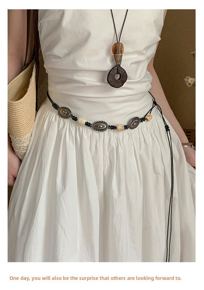 Ethnic Style Women’s Waist Chain Belt With Beading And Braid Finish In Beige