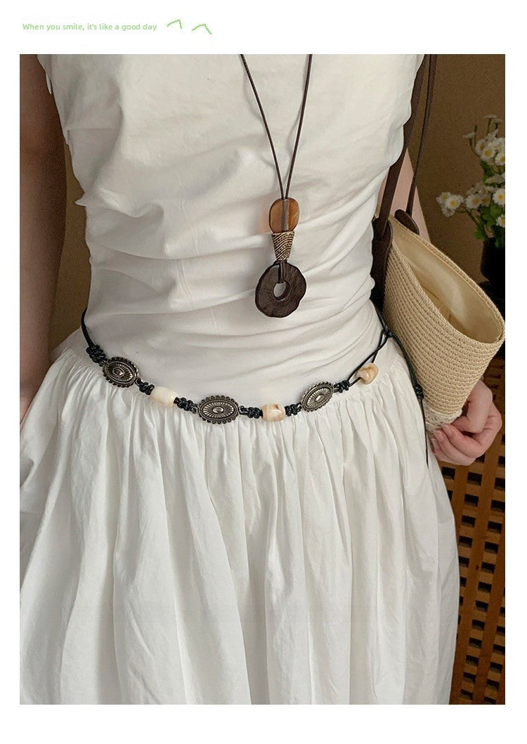 Ethnic Style Women’s Waist Chain Belt With Beading And Braid Finish In Beige