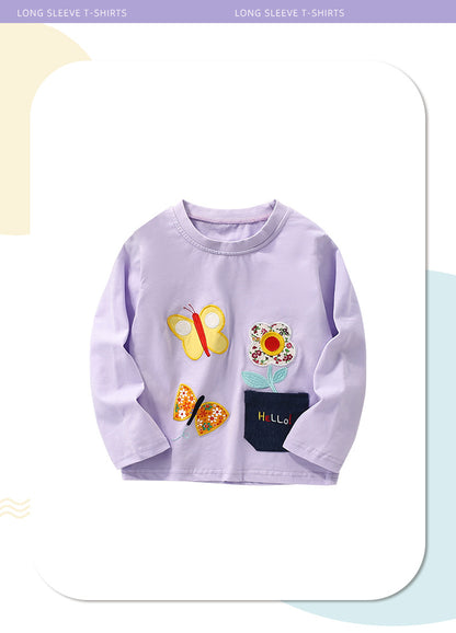 Casual Animal Pattern Girl's Cotton T-shirt With Round Neck And Long Sleeves For Toddlers 3-6 Years