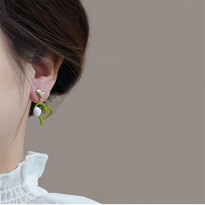 Sweet Heart Shape Stud Earrings In Light Green Featuring 925 Sterling Silver Ear Pins With Enamel Craft