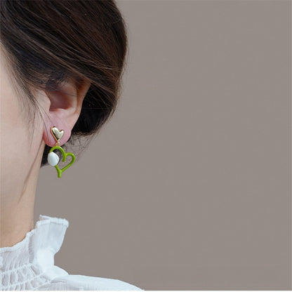 Sweet Heart Shape Stud Earrings In Light Green Featuring 925 Sterling Silver Ear Pins With Enamel Craft