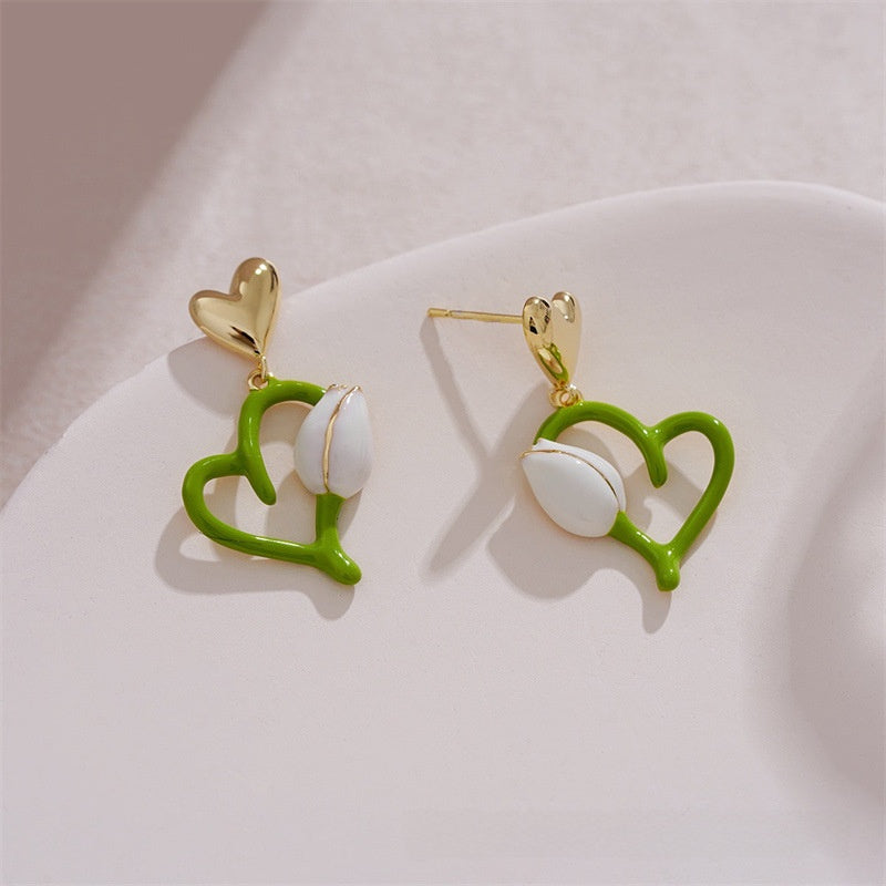 Sweet Heart Shape Stud Earrings In Light Green Featuring 925 Sterling Silver Ear Pins With Enamel Craft