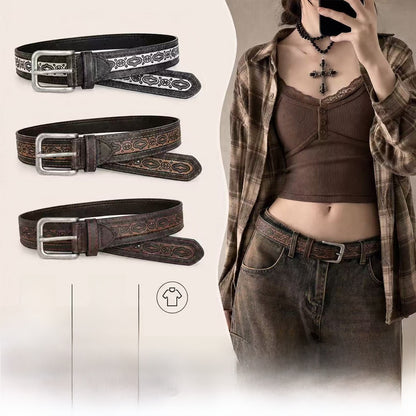 Retro Totem Belt With Zinc Alloy Pin Buckle Featuring Embossing Finish, Unisex Style