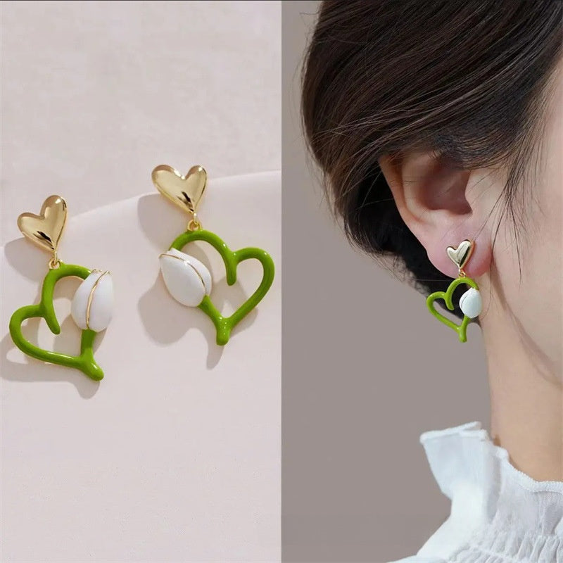 Sweet Heart Shape Stud Earrings In Light Green Featuring 925 Sterling Silver Ear Pins With Enamel Craft