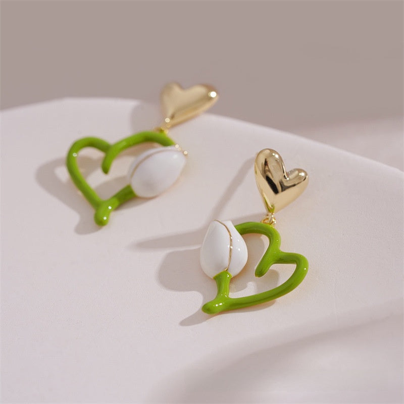 Sweet Heart Shape Stud Earrings In Light Green Featuring 925 Sterling Silver Ear Pins With Enamel Craft