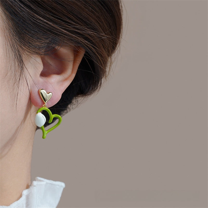 Sweet Heart Shape Stud Earrings In Light Green Featuring 925 Sterling Silver Ear Pins With Enamel Craft