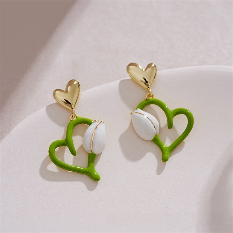 Sweet Heart Shape Stud Earrings In Light Green Featuring 925 Sterling Silver Ear Pins With Enamel Craft