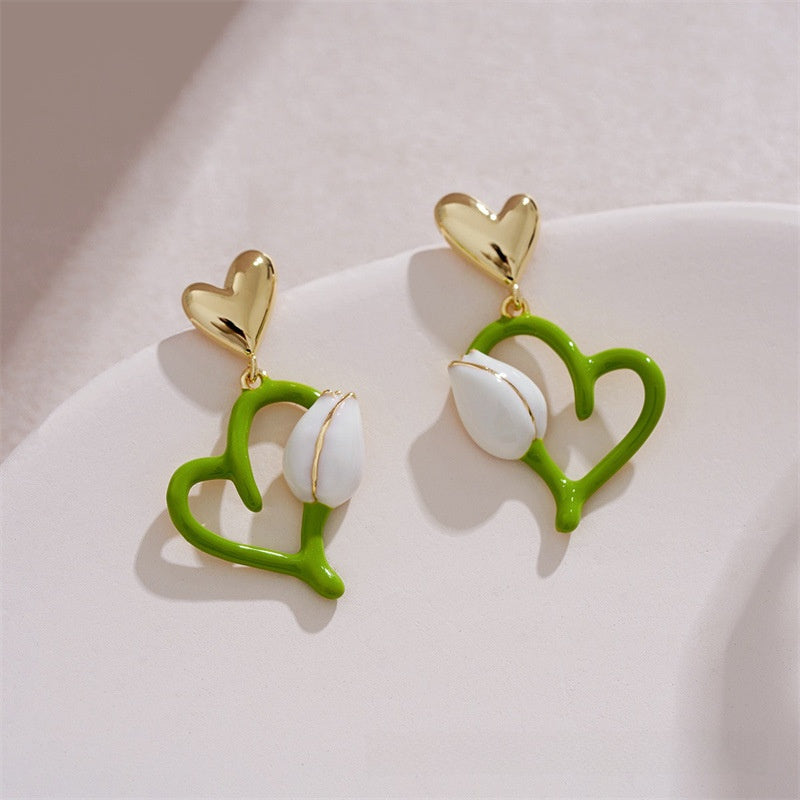 Sweet Heart Shape Stud Earrings In Light Green Featuring 925 Sterling Silver Ear Pins With Enamel Craft