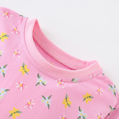 Cute Cartoon Cotton T-shirt Co-ord Set For Girls Featuring Printing, 2 Pieces Kids Clothing Set