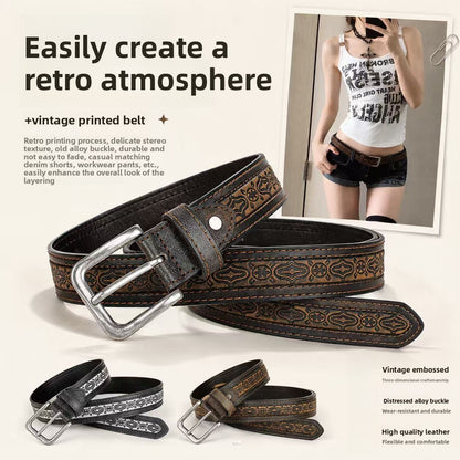 Retro Totem Belt With Zinc Alloy Pin Buckle Featuring Embossing Finish, Unisex Style