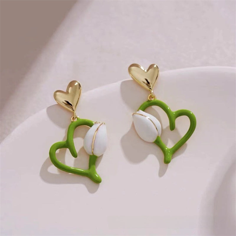 Sweet Heart Shape Stud Earrings In Light Green Featuring 925 Sterling Silver Ear Pins With Enamel Craft