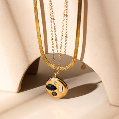 Sweet Double Layer Necklaces With Gold Blade Pendant In Titanium Steel For Women, Featuring 304 Stainless Steel Snake Chain