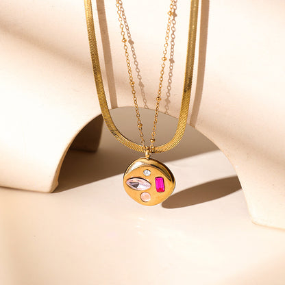Sweet Double Layer Necklaces With Gold Blade Pendant In Titanium Steel For Women, Featuring 304 Stainless Steel Snake Chain