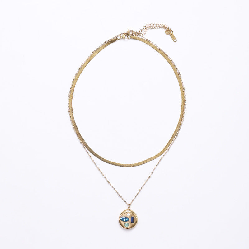 Sweet Double Layer Necklaces With Gold Blade Pendant In Titanium Steel For Women, Featuring 304 Stainless Steel Snake Chain