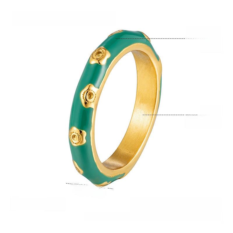 Women’s Flowers Band Rings In Titanium Steel With Enamel Craft And 18K Real Gold Plated Finish, Perfect For New Year