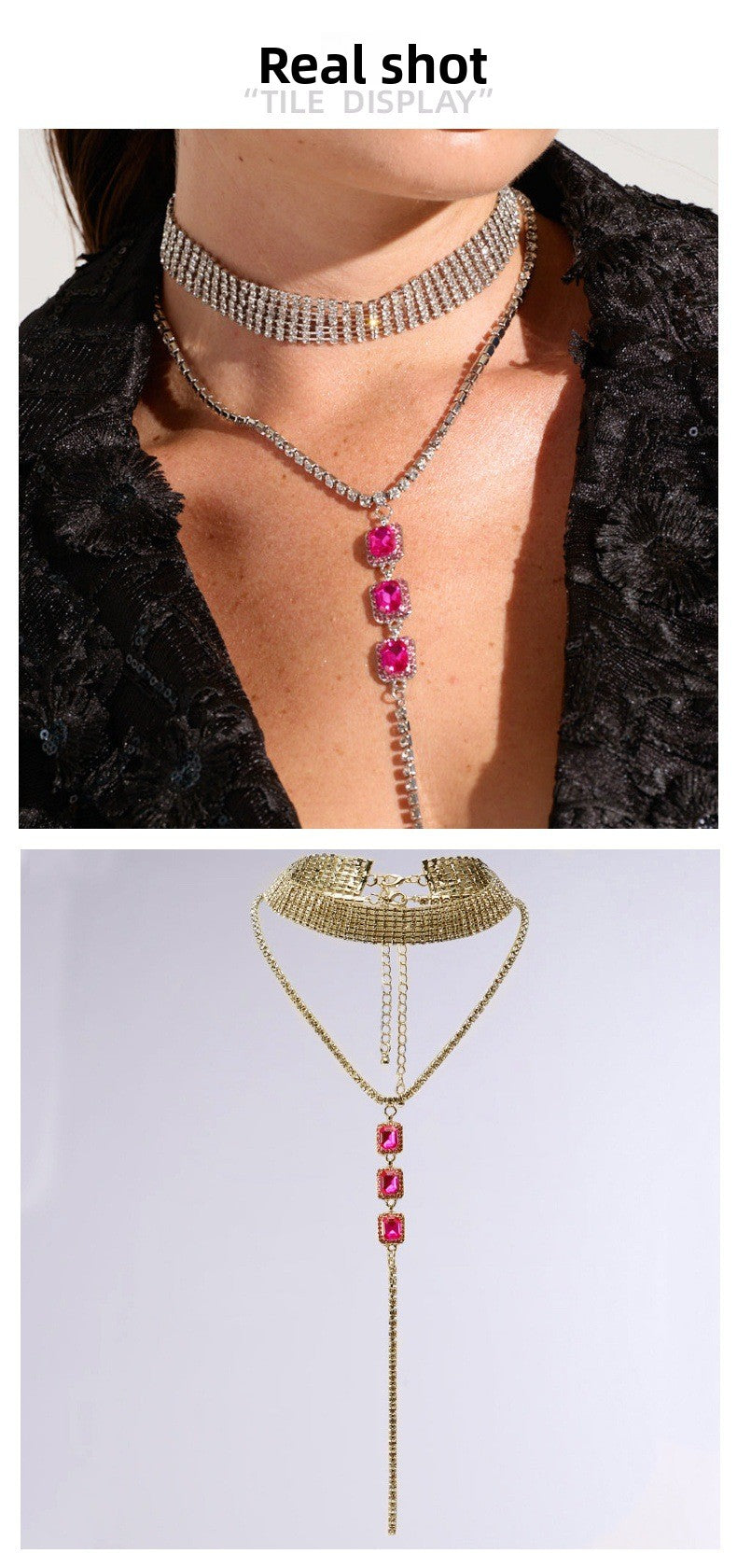 Silver Double Layer Tassel Necklace For Women With Electroplated Alloy And Rhinestone Pendant