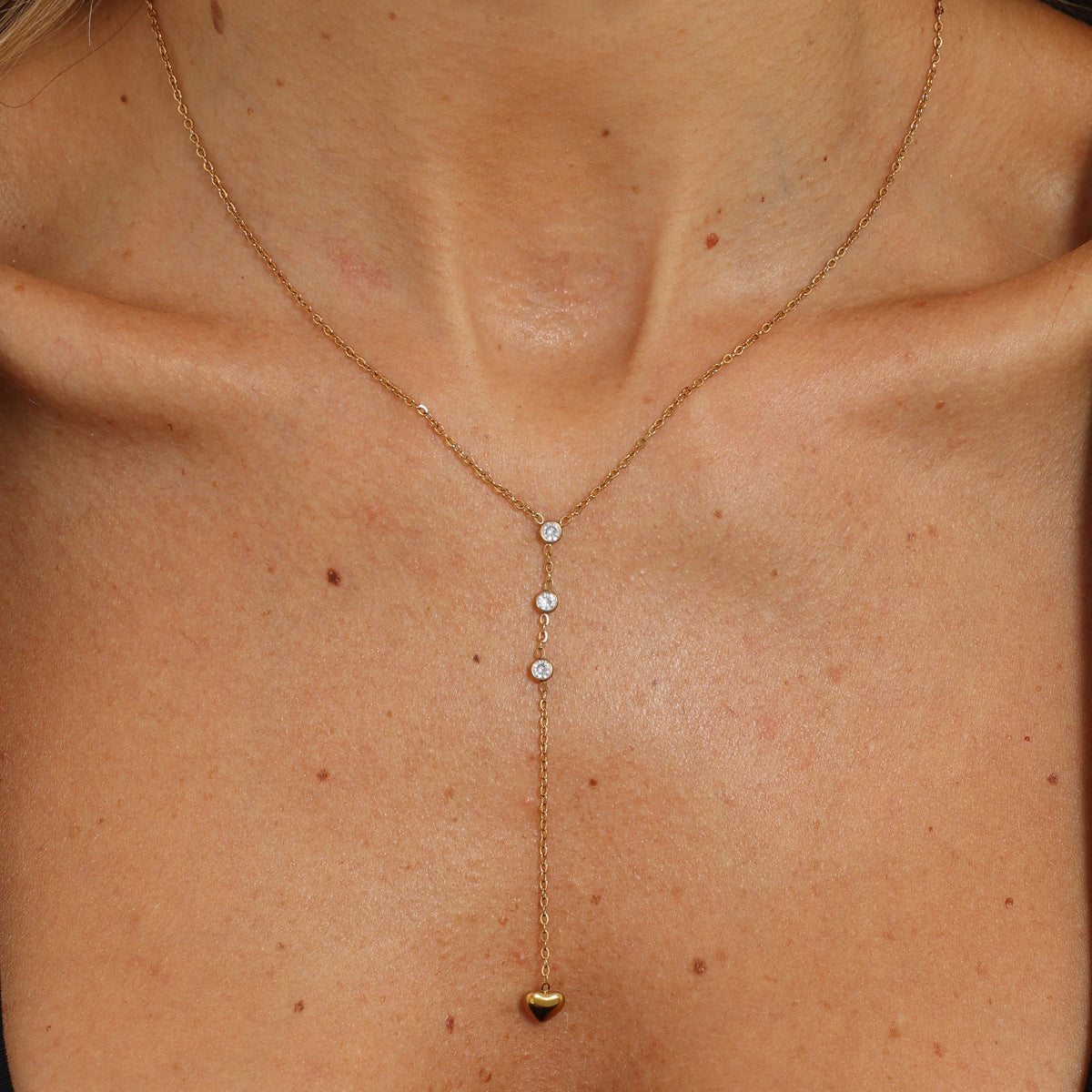 Heart Shape Tassel Y-Necklace Lariat Necklace For Women In 304 Stainless Steel With PVD Coated Gold Plating And Zircon Inlay