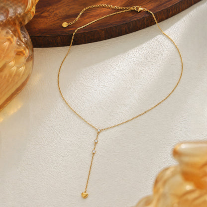 Heart Shape Tassel Y-Necklace Lariat Necklace For Women In 304 Stainless Steel With PVD Coated Gold Plating And Zircon Inlay