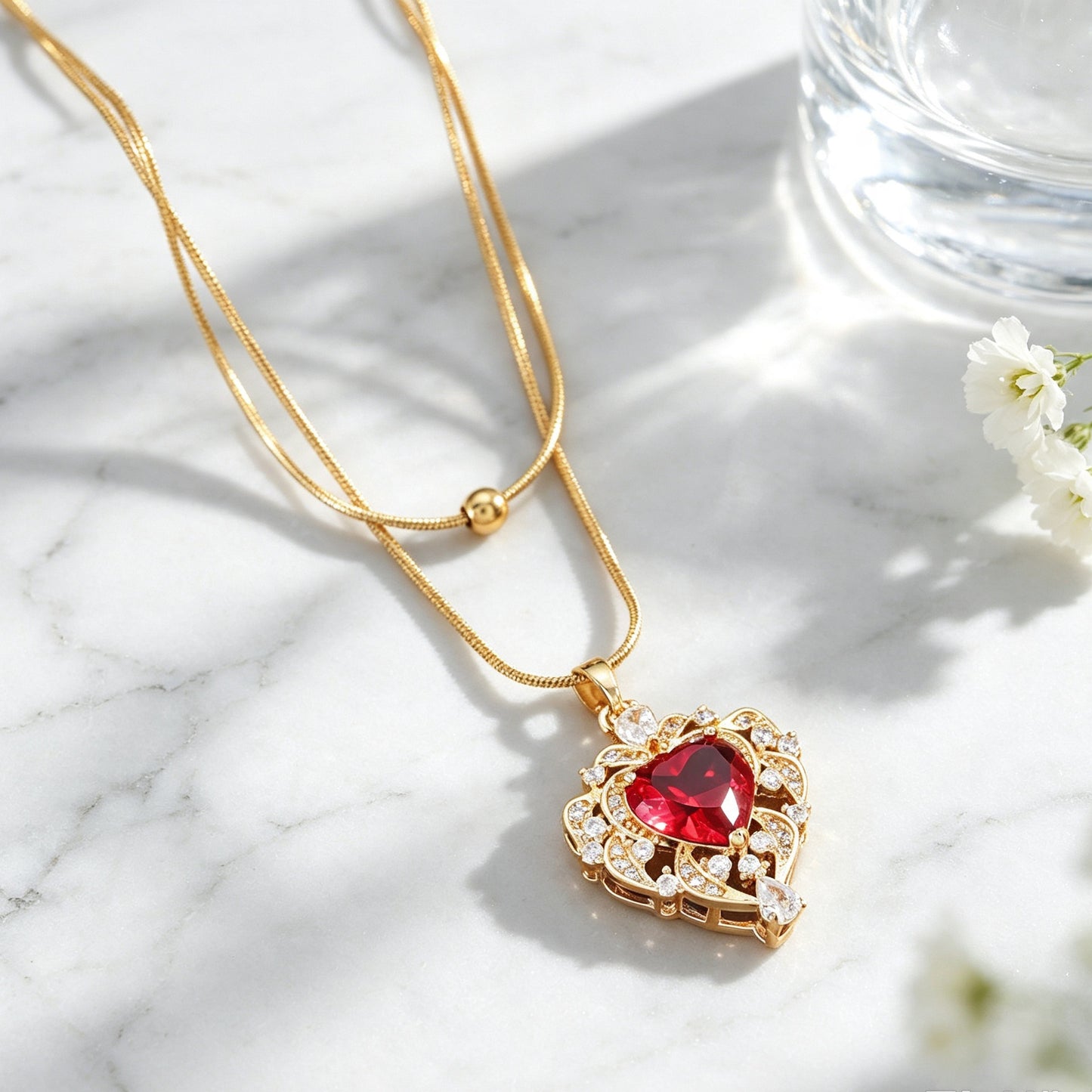 Heart Shape Gold Pendant Necklace For Women With Rhinestones Inlay And Snake Chain Metal Design
