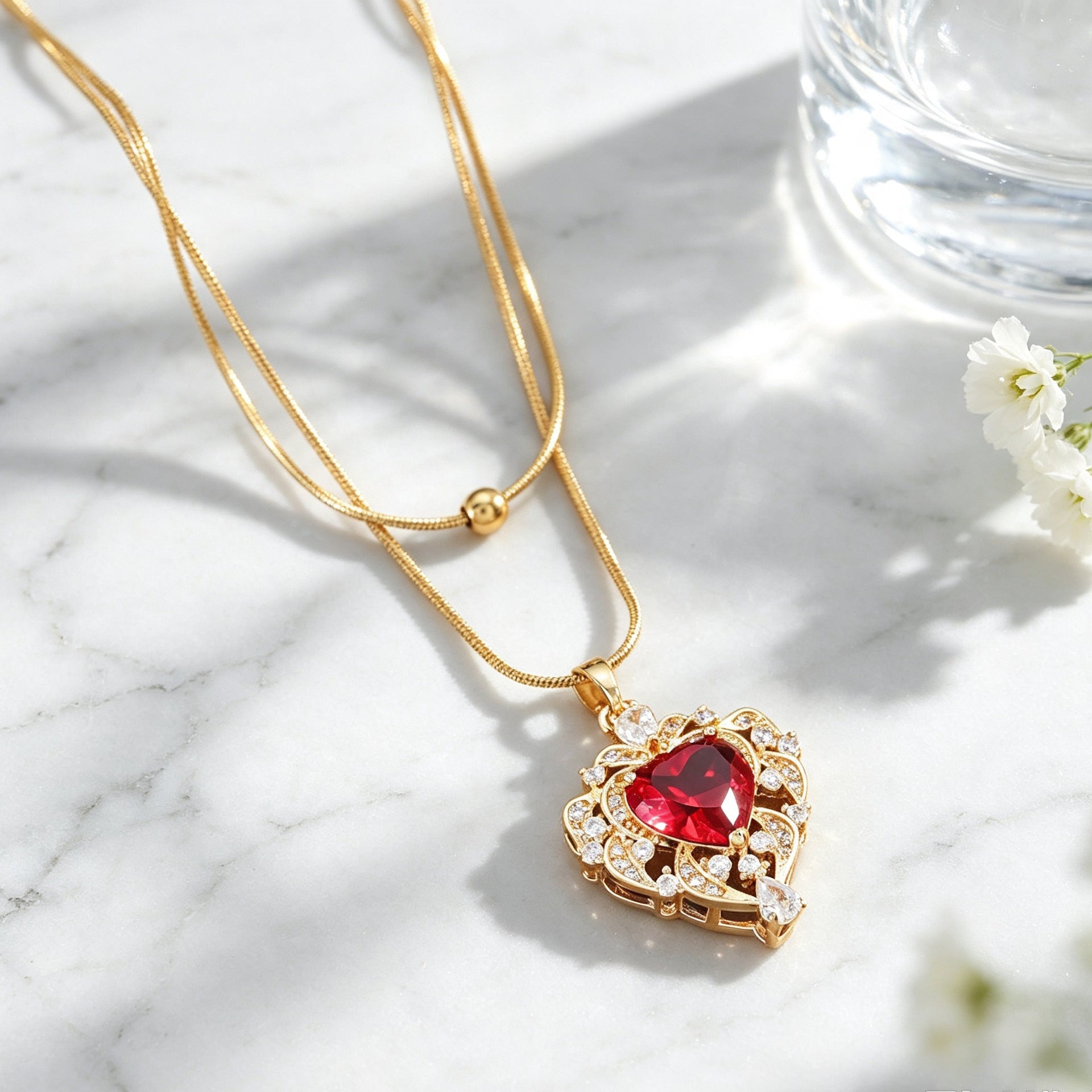 Heart Shape Gold Pendant Necklace For Women With Rhinestones Inlay And Snake Chain Metal Design
