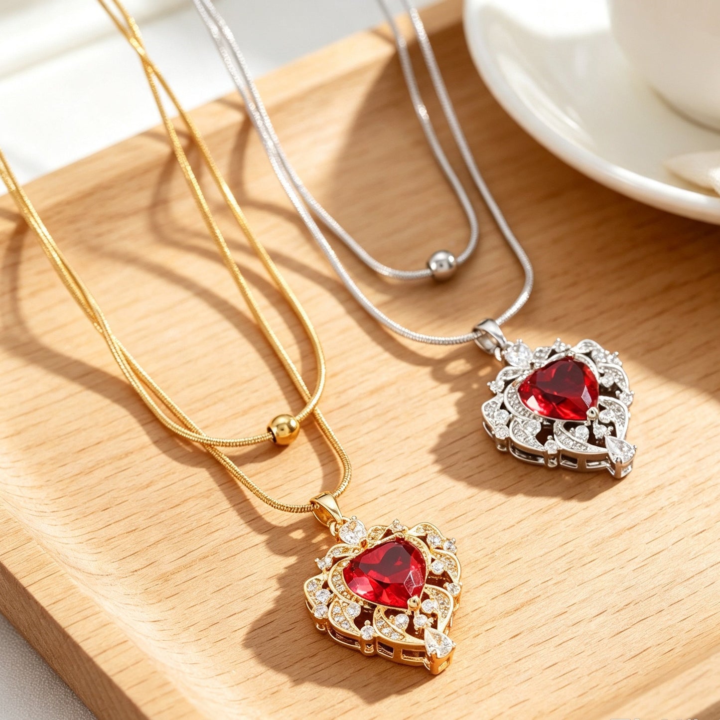 Heart Shape Gold Pendant Necklace For Women With Rhinestones Inlay And Snake Chain Metal Design