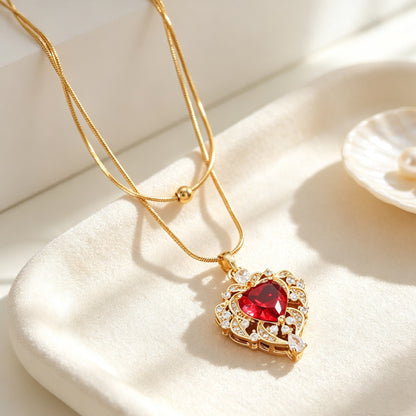 Heart Shape Gold Pendant Necklace For Women With Rhinestones Inlay And Snake Chain Metal Design