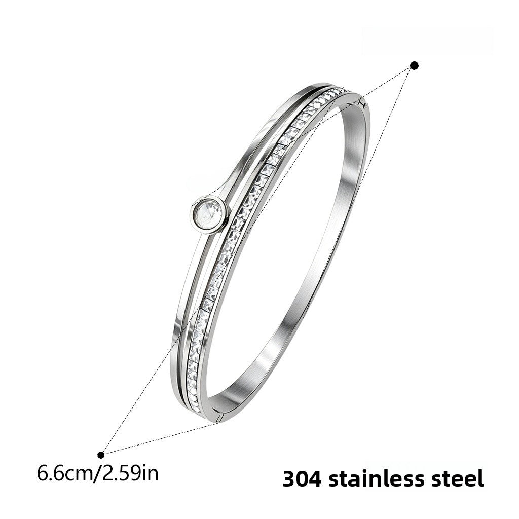Color Block Waterproof Non Tarnish 304 Stainless Steel Bangle With Zircon Inlay, Simple Style For Women